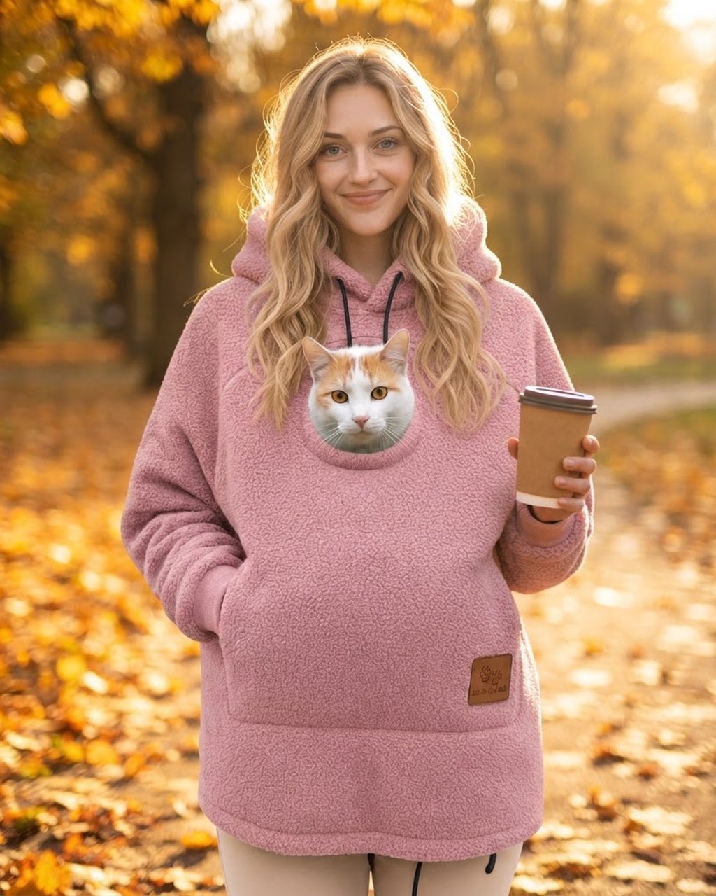 Hoodie Minou rose porté par une femme en extérieur, son chat roux et blanc installé dans la poche ventrale