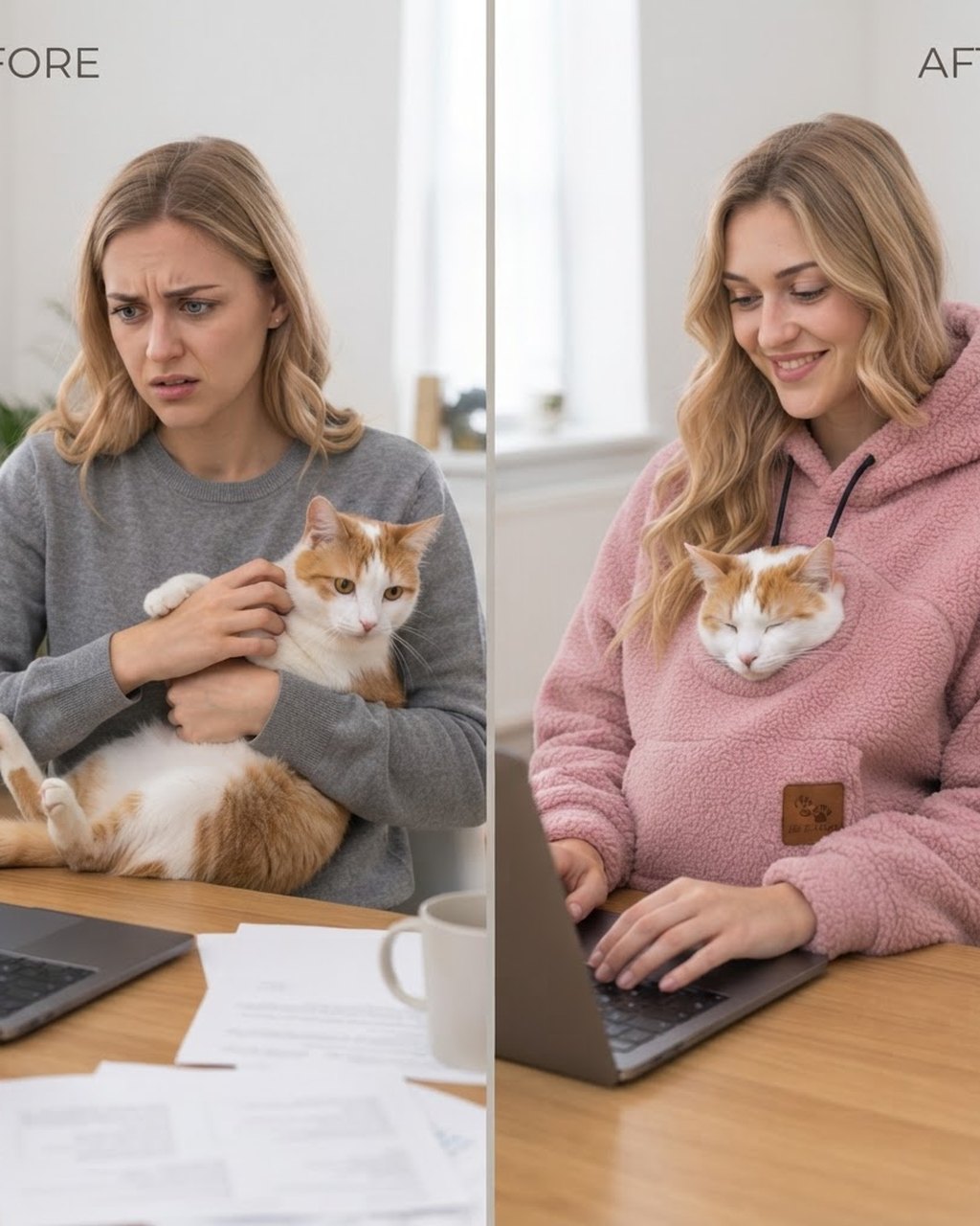 Comparatif avant / après : le chat tenu à bras devant un ordinateur, puis blotti dans la poche du Hoodie Minou rose