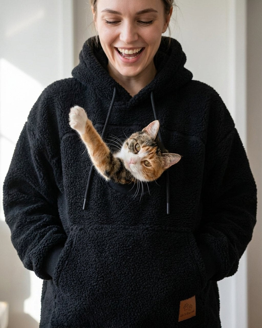 Hoodie Minou noir porté par une femme, le chat sort une patte de la poche