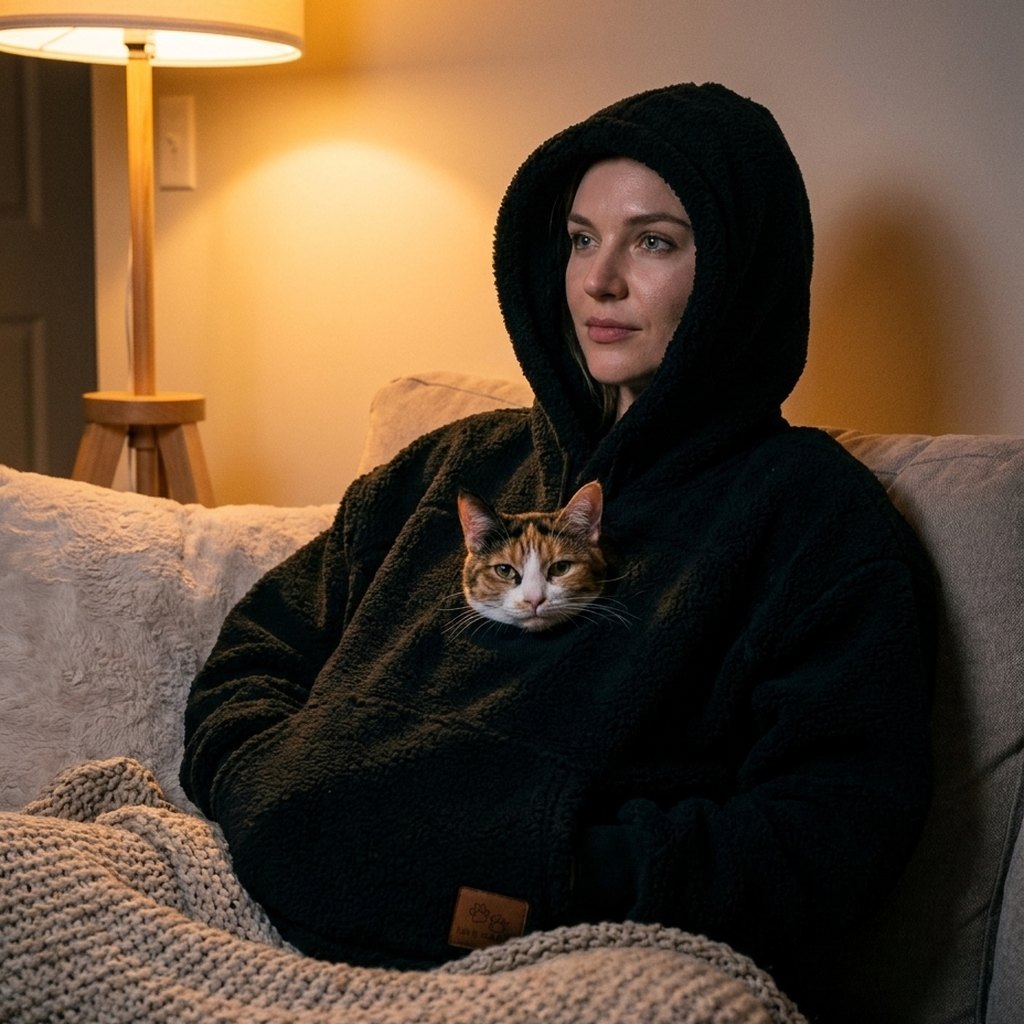 Femme en hoodie noir sur un canape le soir, capuche relevee, le chat dans la poche