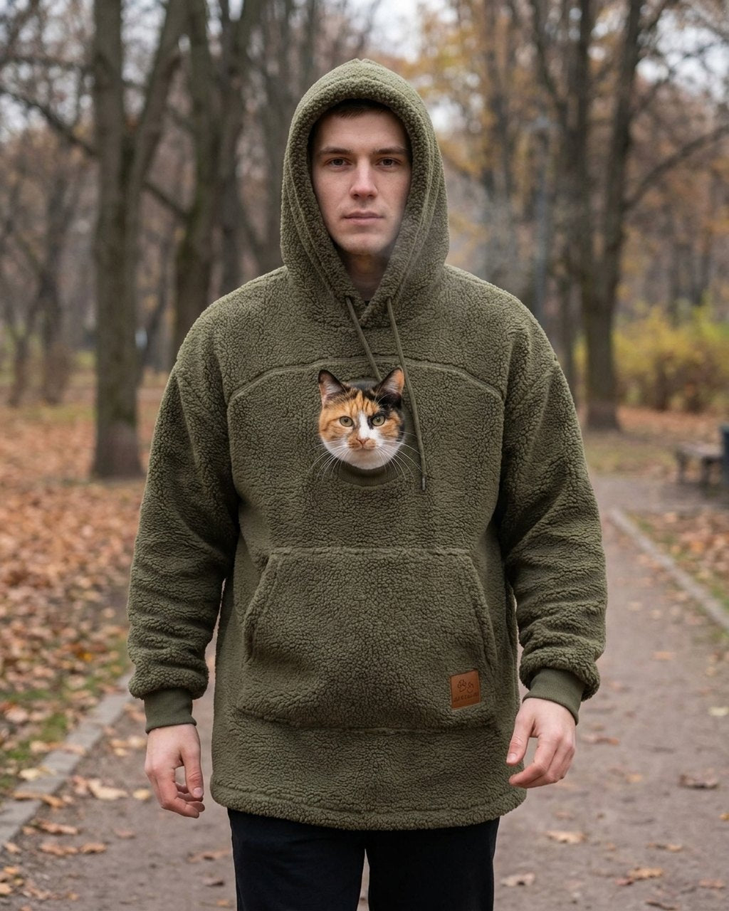 Hoodie Minou kaki porté par un homme dans un parc en automne, capuche relevée et chat dans la poche