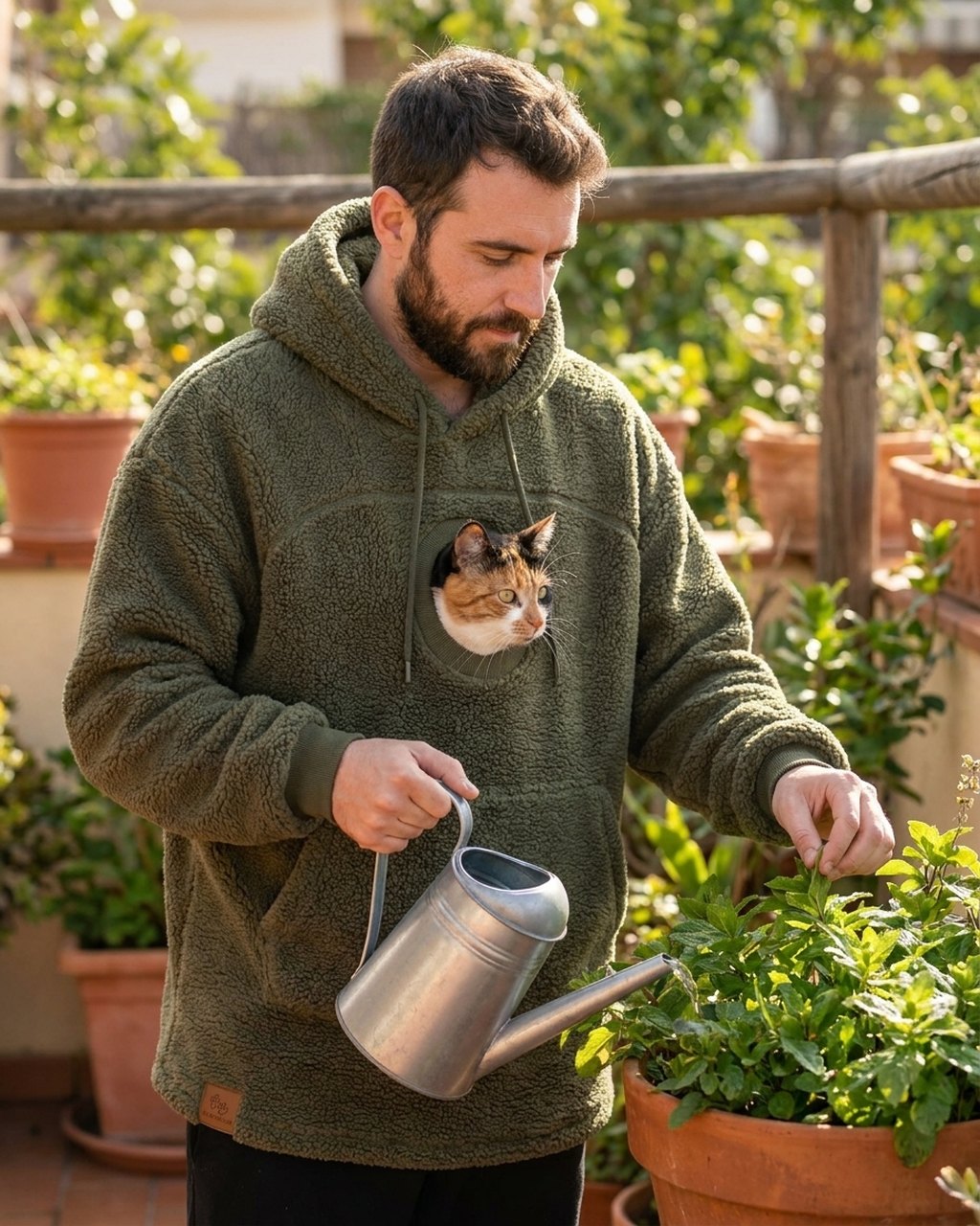 Hoodie Minou kaki porté par un homme arrosant des plantes sur une terrasse, les deux mains occupées