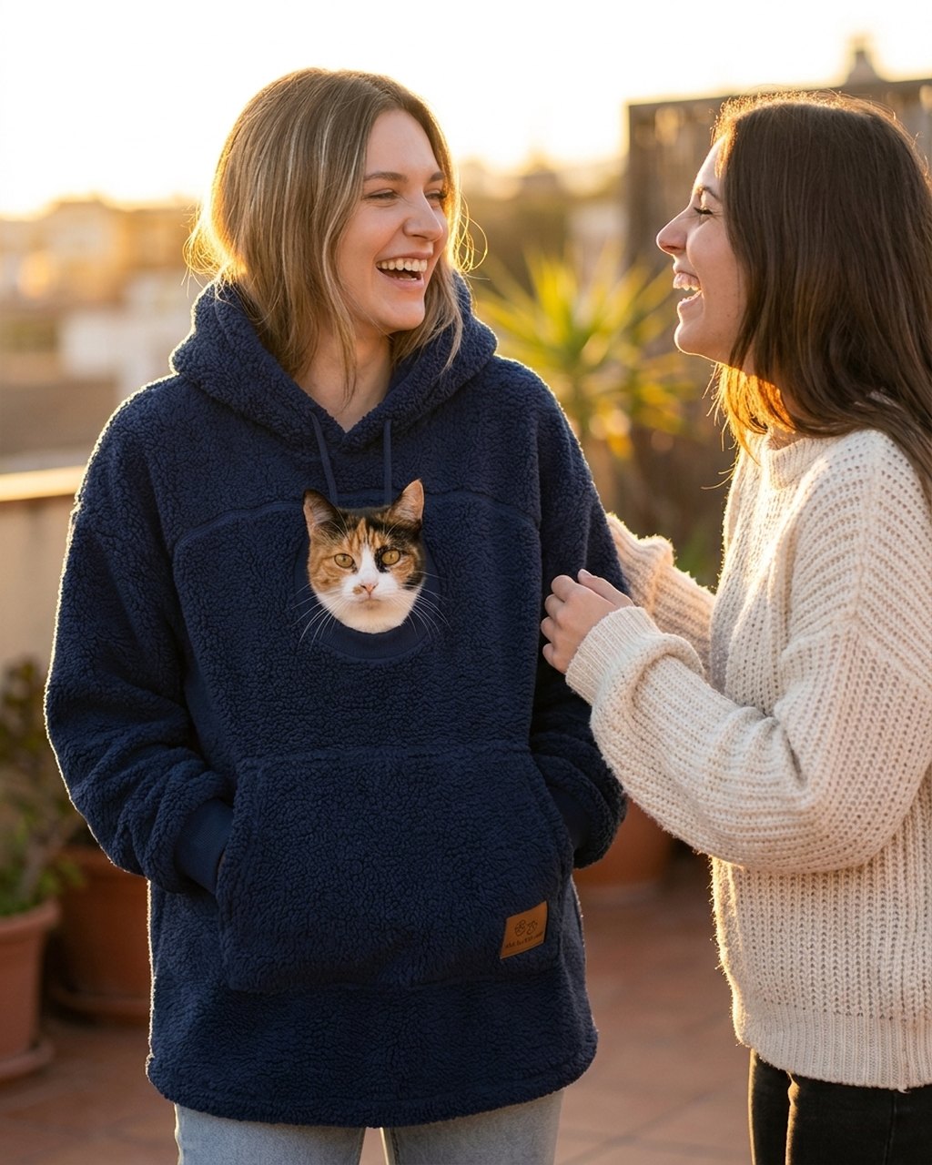 Hoodie Minou bleu marine porté par deux femmes sur une terrasse, lumière de fin de journée