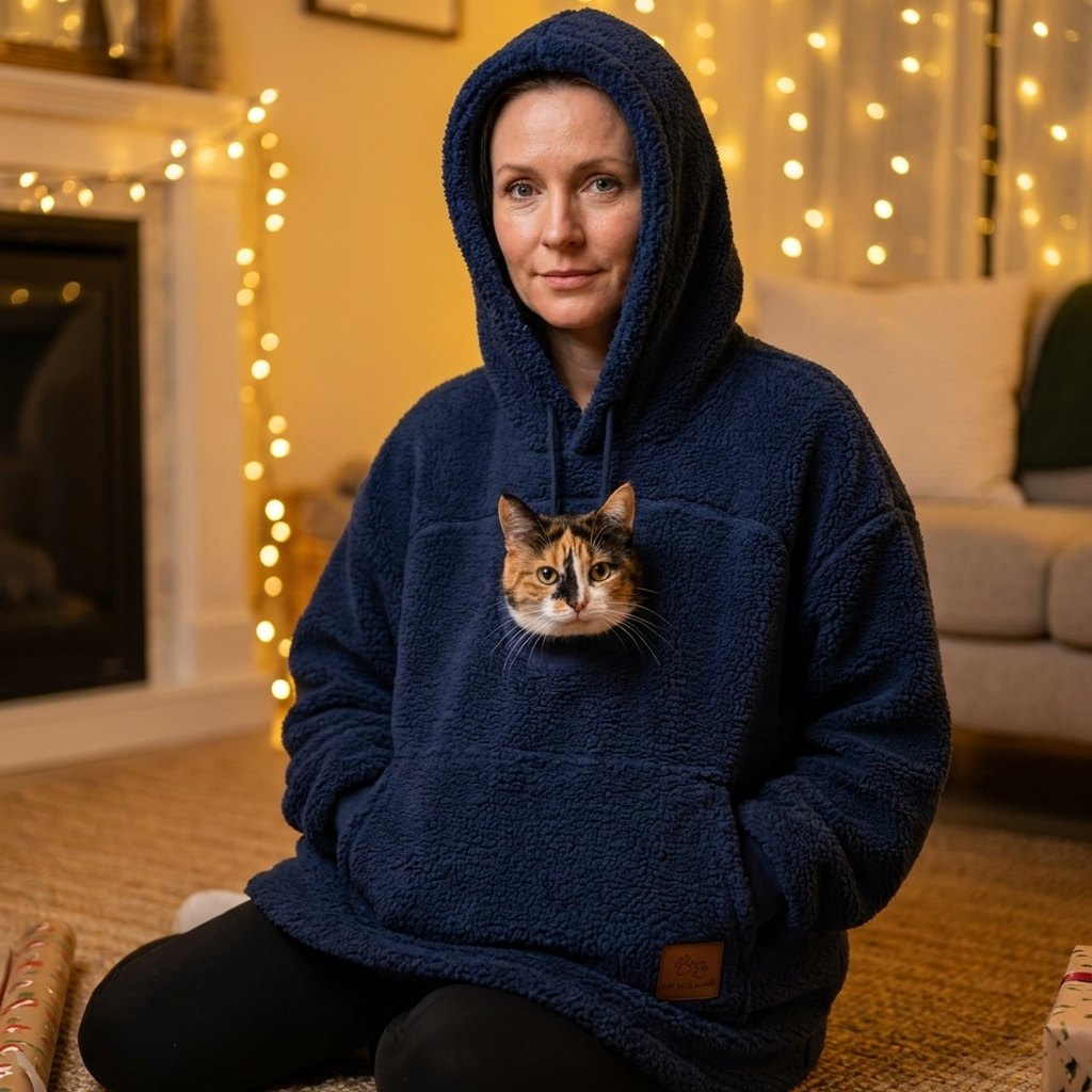 Femme en hoodie bleu marine devant des guirlandes lumineuses, le chat dans la poche
