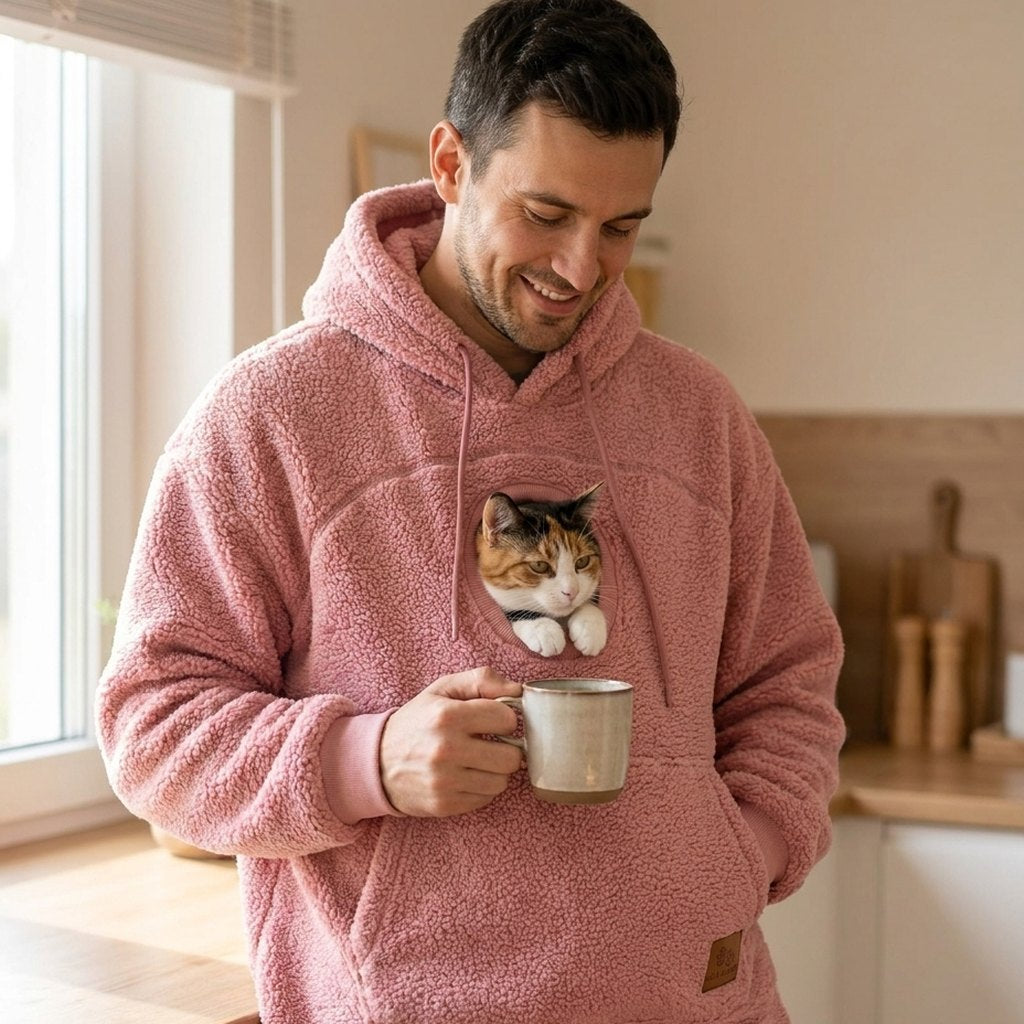 Homme en hoodie rose dans sa cuisine, une tasse a la main, le chat dans la poche