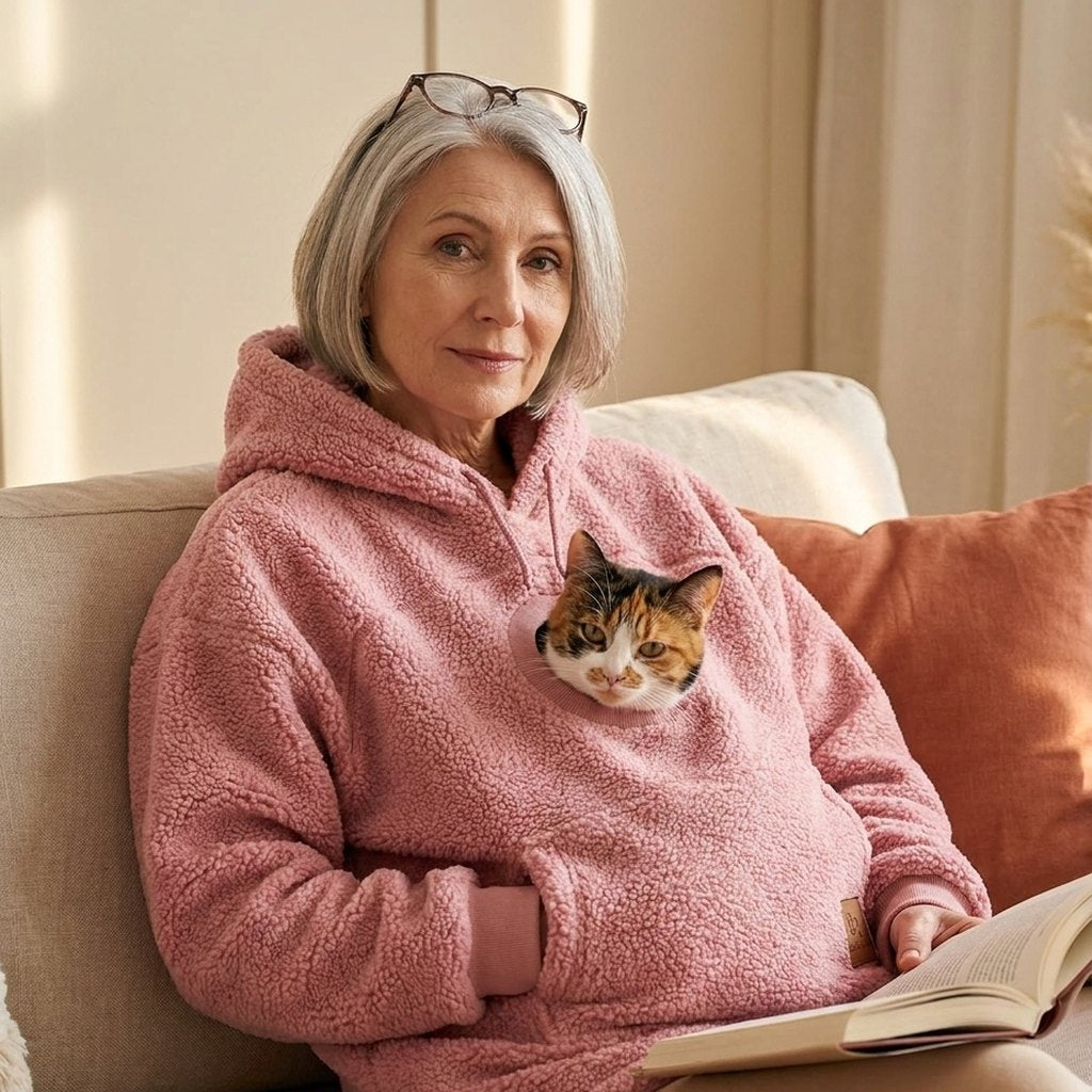 Femme lisant sur un canape, son chat installe dans la poche du hoodie rose