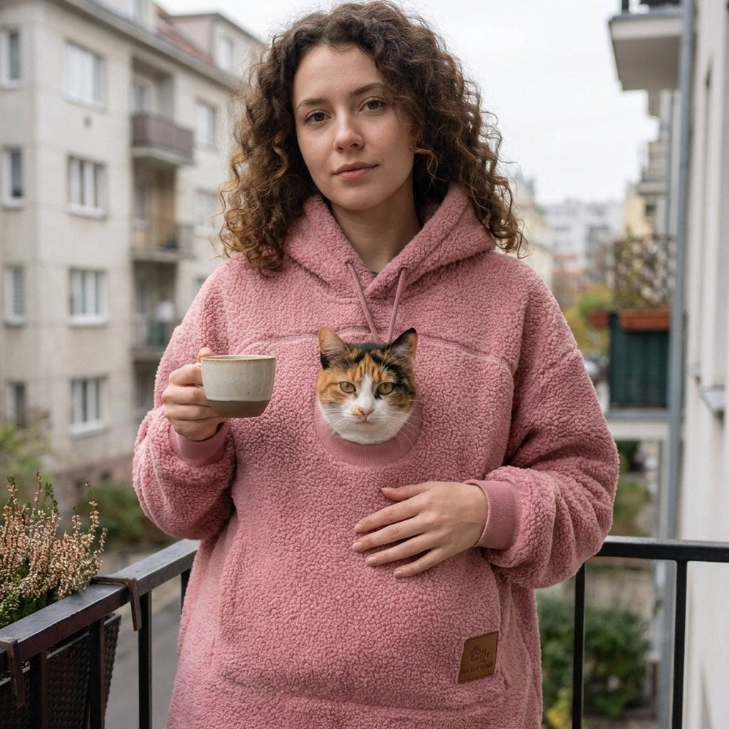 Femme sur un balcon en hoodie rose, le chat installe dans la poche ventrale