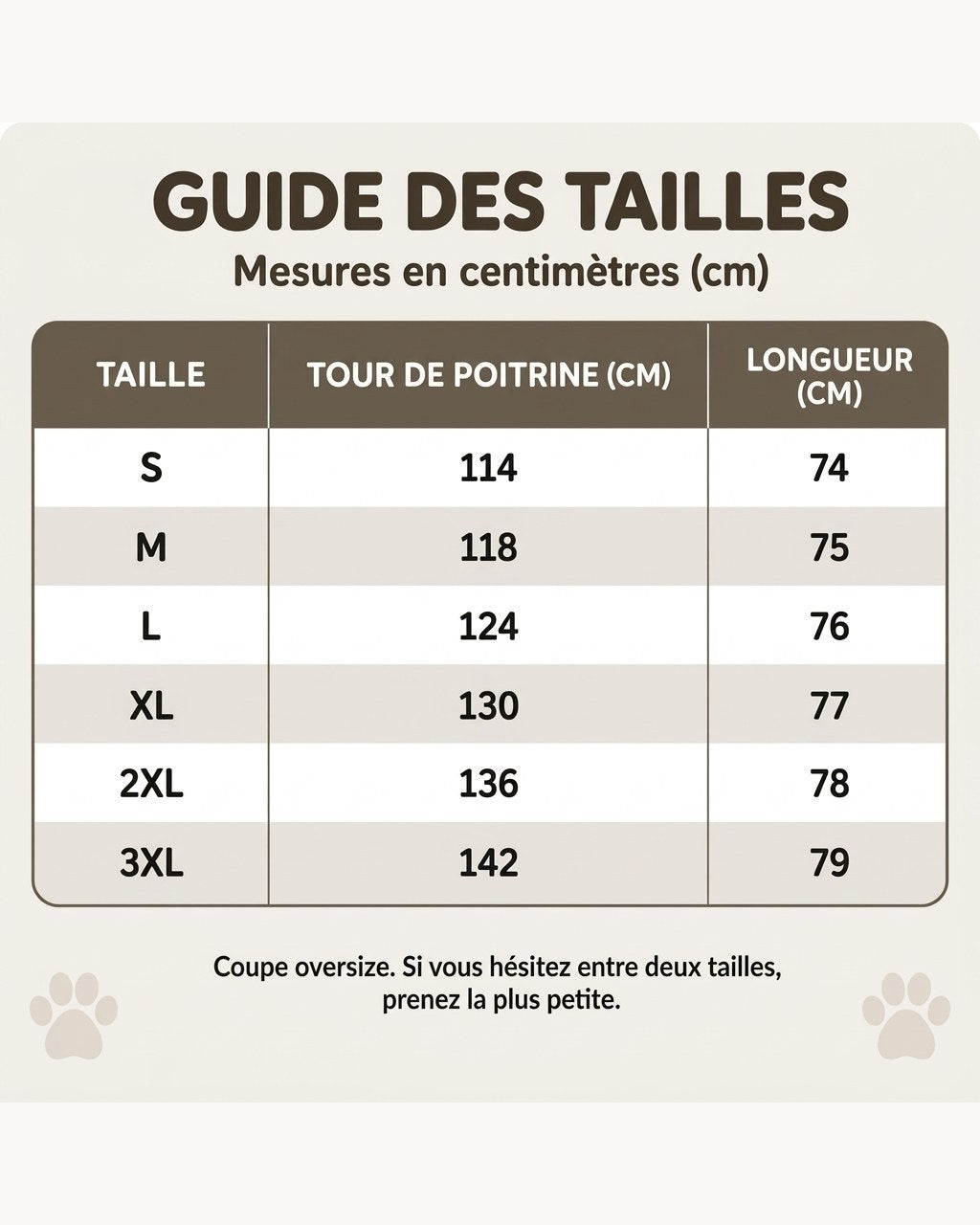 Guide des tailles du Hoodie Minou — tour de poitrine et longueur en centimètres
