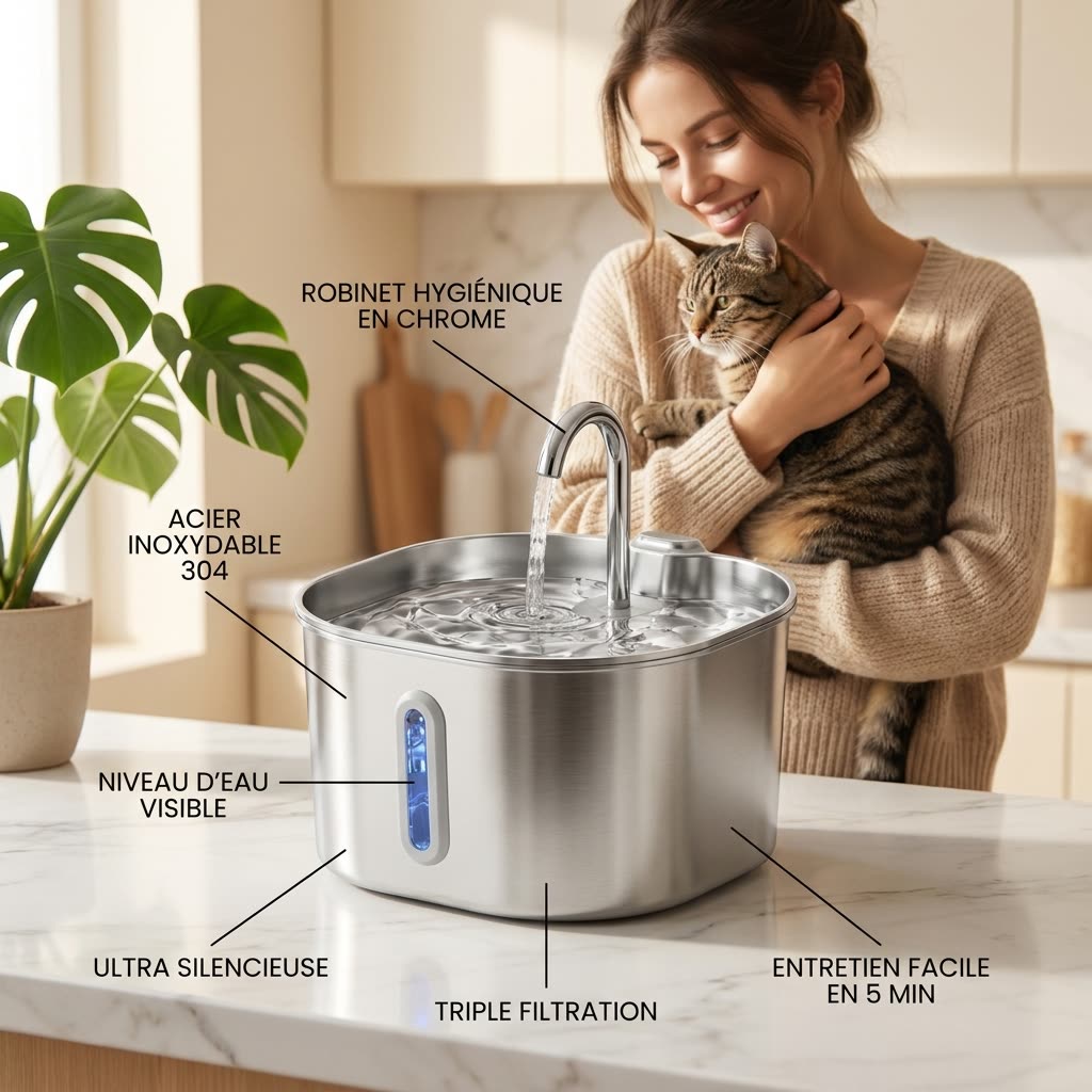 Fontaine Miaeau — robinet chrome, inox 304, niveau d'eau visible, triple filtration, entretien facile